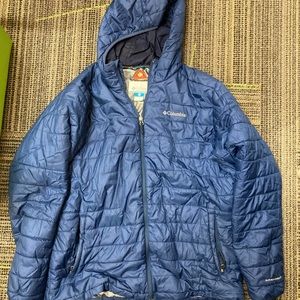 Men’s Large Blue Columbia Omni Heat Winter Hooded Puffer Jacket Coat
